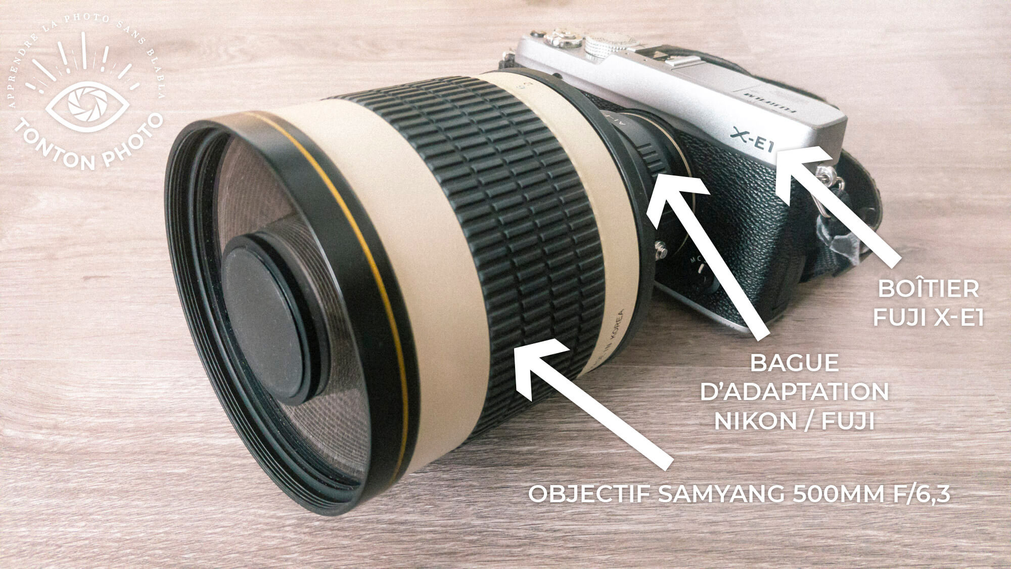Bague d'adaptation Fuji-Nikon pour utiliser le télé-objectif Samyang 500mm f/6.3 MC IF pour Nikon sur un Fuji X-E1 © Tonton Photo